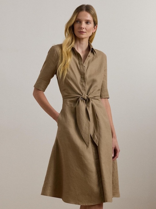 Lauren Ralph Lauren Dresses & Skirts - Ralph Lauren Linen Tie-Front Brown/Tan Shirt Dress